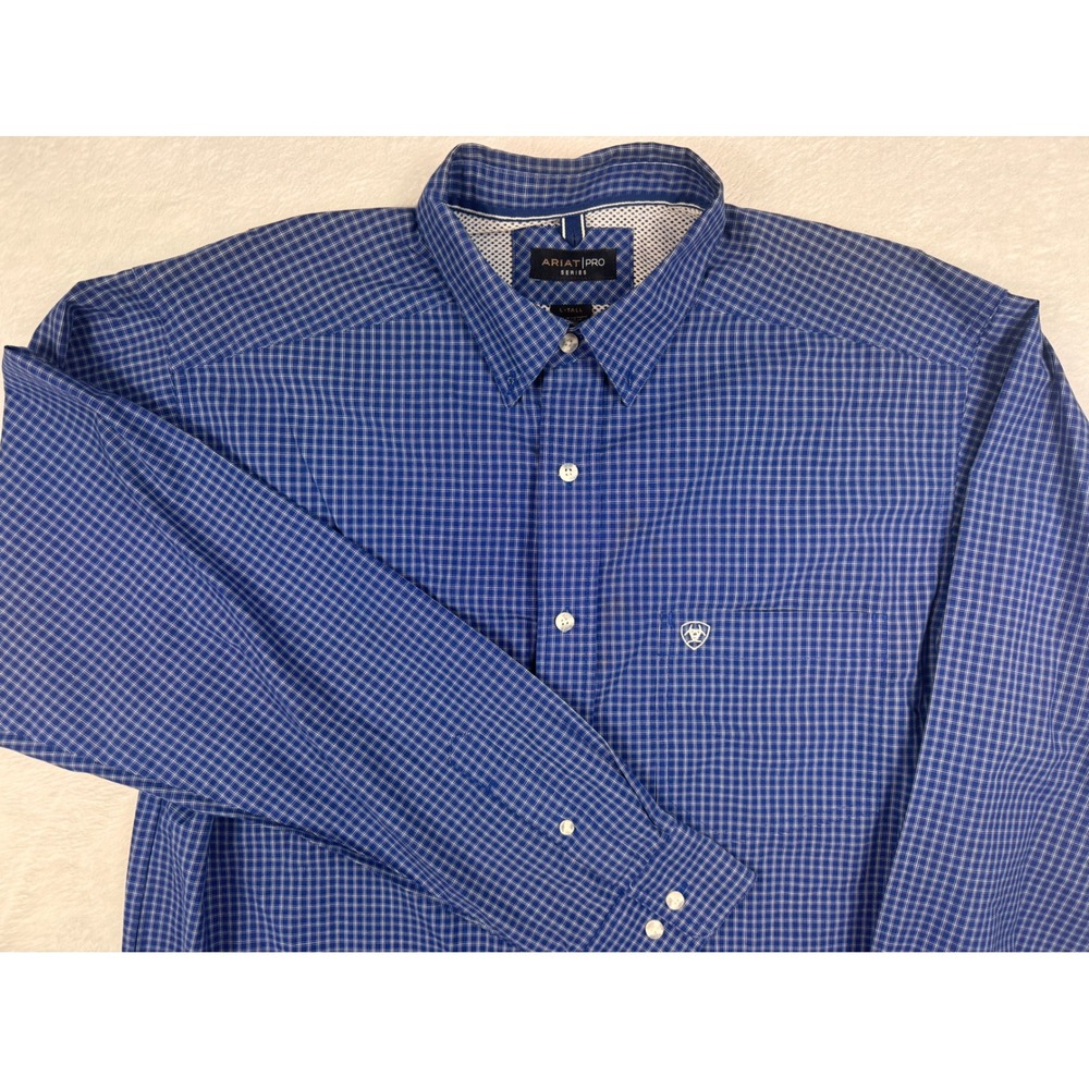 Ariat Pro Series Mens Large Tall Blue Plaid Long Sleeve Button Down Shirt L-Tall